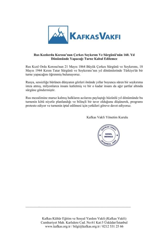 Rus Kızılordu Korosu’nun Çerkes Soykırım Ve Sürgünü’nün 160. Yıl Dönümünde Yapacağı Turne Kabul Edilemez